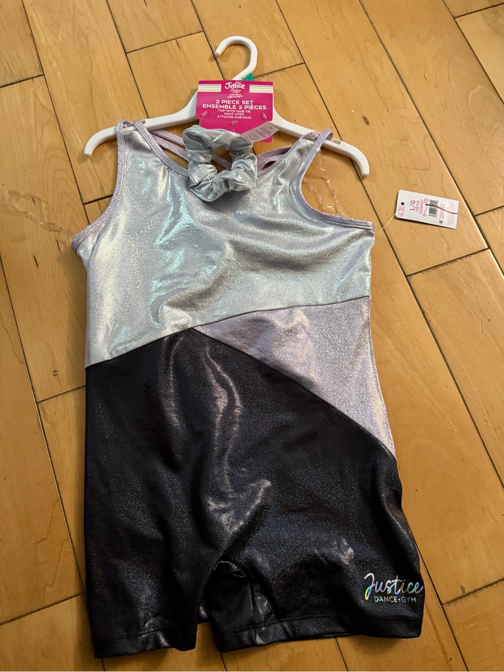 Justice Metallic Silver and Black Dance Romper with Scrunchie